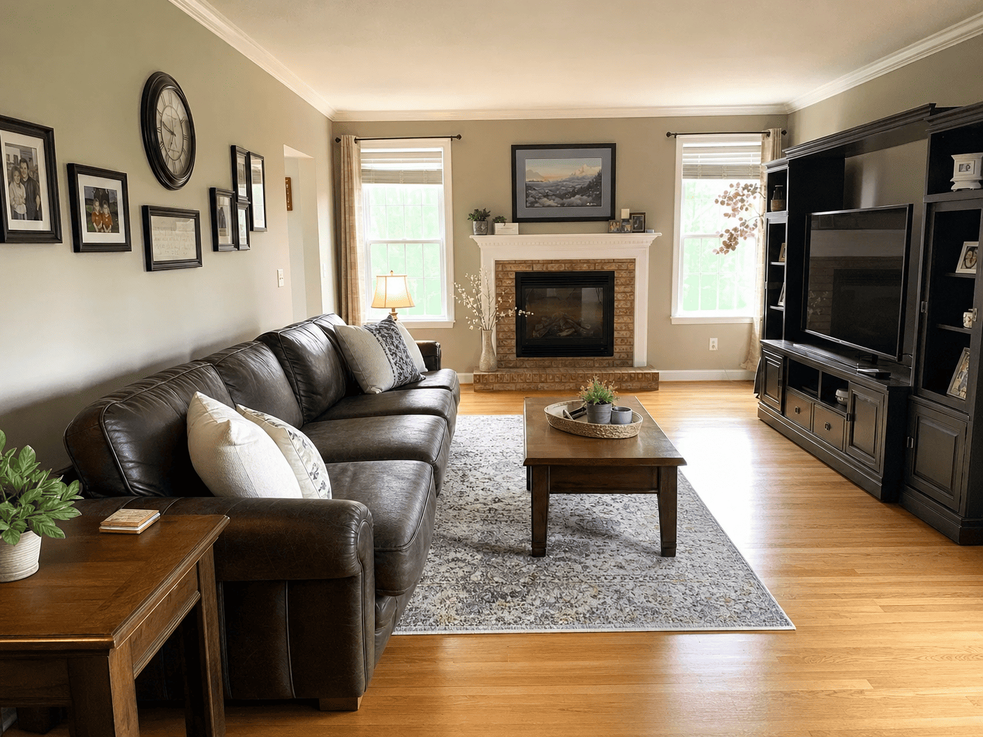 Cozy family room with fireplace, freshly cleaned